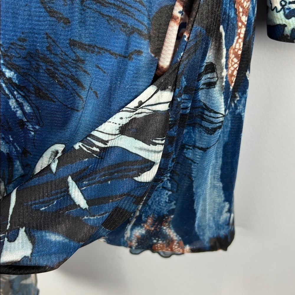 Lindi Artsy Floral 3/4 Roll Tab Sleeves Pleated Flowy Tunic Blouse Large Blue - Picture 12 of 14